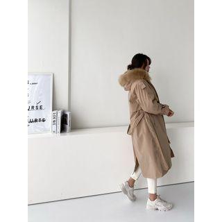 Hooded Faux-fur Lined Trench Coat With Sash