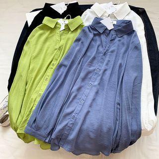 Long-sleeve Tie Waist Plain Shirt