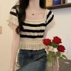 Square-neck Short-sleeve Striped Pointelle Knit Top Stripes - Pale Yellow & Black - One Size
