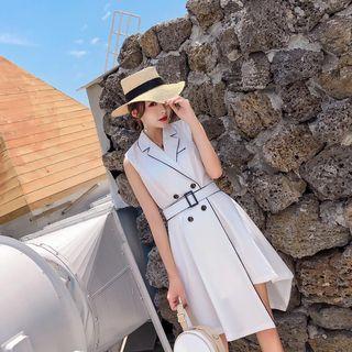 Sleeveless Gather-waist Button Dress