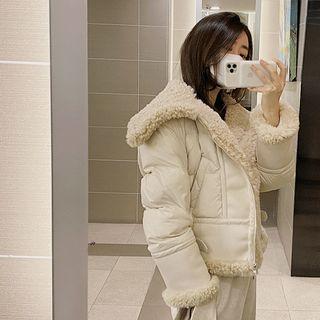 Fleece-trim Duck Down Padded Jacket Beige - One Size
