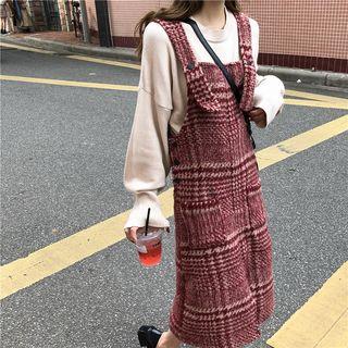 Plain Long-sleeve Loose-fit Knit Top / Check Jumper Dress