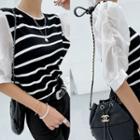 Puff-sleeve Stripe Knit Top Black - One Size