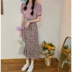 Short-sleeve Plain T-shirt / Floral Midi A-line Skirt