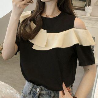 Short-sleeve Ruffle Trim Cutout Shoulder Top