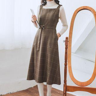 Plaid Midi A-line Pinafore Dress