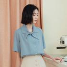 Short-sleeve Tie-neck Shirt Airy Blue - One Size