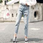 Cropped Frayed Straight-fit Jeans