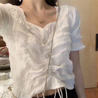 Short-sleeve Shirred Drawstring Cropped Blouse