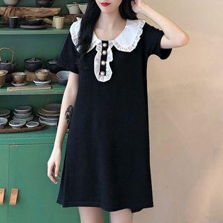Ruffled Collar Faux Pearl Button Short-sleeve Dress