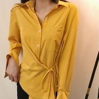 Plain Lace-up Long-sleeve Blouse Yellow - One Size
