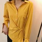 Plain Lace-up Long-sleeve Blouse Yellow - One Size