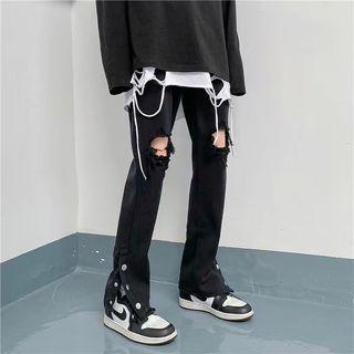 Cutout Buttoned Hem Straight Leg Jeans