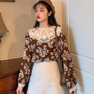 Long-sleeve Lace Panel Floral Blouse