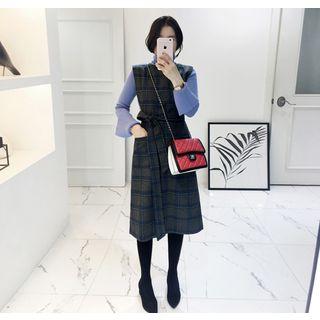 Sleeveless Plaid Midi Surplice-wrap Dress