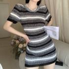 Short-sleeve Striped Knit Dress Stripes - Gray & Black - One Size