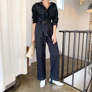 Dual-pocket Stitched Jumpsuit With Belt