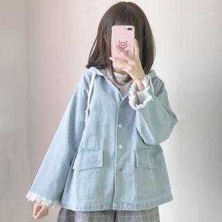 Fringed Hooded Denim Jacket Sky Blue - One Size