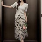 Short-sleeve Cardigan / Floral Midi A-line Skirt