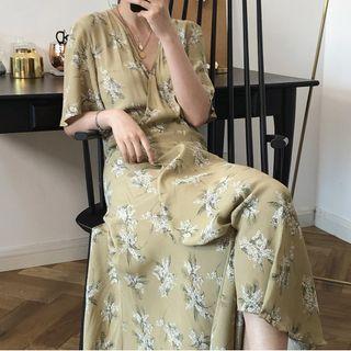 V-neck Short Sleeve Floral Print Maxi A-line Dress Light Green - One Size