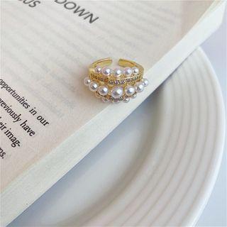 Faux Pearl Rhinestone Layered Open Ring 1 Pc - Gold - One Size