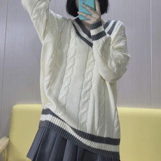 Contrast Trim Cable Knit Sweater White - One Size