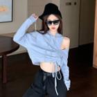 Cold Shoulder Drawstring Cropped Hoodie Gray - One Size
