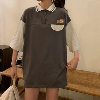 Two-tone Panel Cartoon Print Polo Shirt