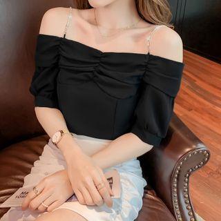Short-sleeve Off-shoulder Rhinestone Trim Top