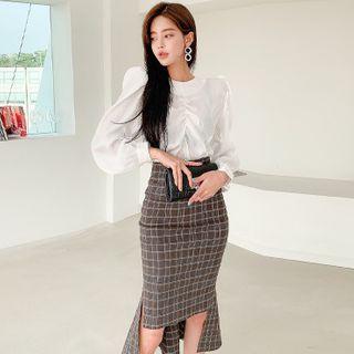 Set: Shirred Blouse + Plaid Pencil Skirt