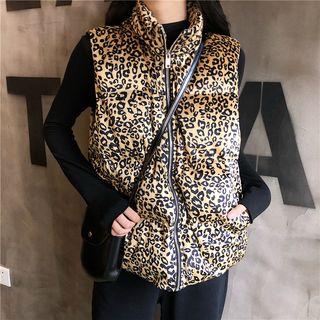 Stand Collar Leopard Print Velvet Vest As Shown In Figure - One Size