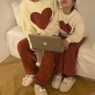 Set: Long-sleeve Heart Print Fleece Top + Pants