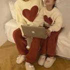 Set: Long-sleeve Heart Print Fleece Top + Pants