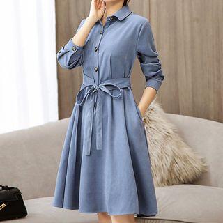 Long-sleeve A-line Sashed Dress
