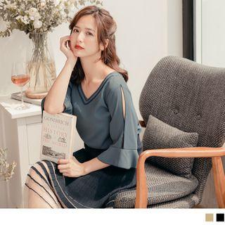 Bell-elbow-sleeve V-neck Embroidered Chiffon Top