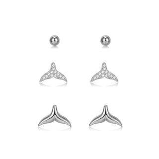 Sterling Silver Fashion Simple Fishtail Three-piece Earrings With Cubic Zircon Silver - One Size