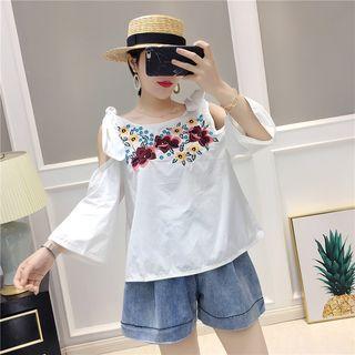 Flower Embroidered Off-shoulder 3/4 Sleeve Top