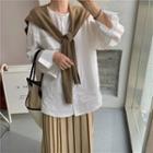 Long-sleeve Shirt / Pleated Midi A-line Skirt / Knit Shawl