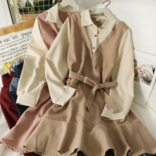 Mock Two-piece Ruffle-hem Midi Shirtdress With Sash In 6 Colors