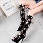 Faux Leather Flower Cutout Peep-toe High-heel Tall Boots