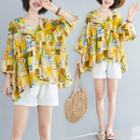 3/4-sleeve Floral Print Blouse As Shown In Figure - One Size