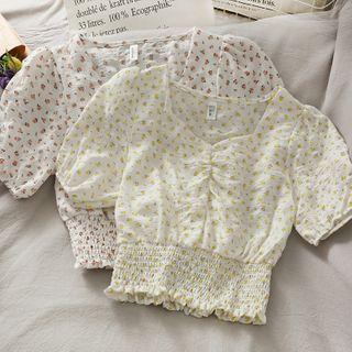 Floral Smocked-waist Ruched Crop Top