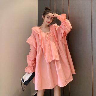 Ruffle V-neck Long-sleeve Loose-fit Dress