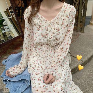 Long-sleeve Ruffle Trim Floral Dress As Shown In Figure - One Size