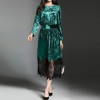 Long-sleeve Velvet Lace-panel A-line Midi Dress