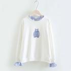 Bear Print Frill Trim Long-sleeve Sweatshirt