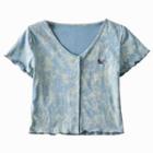 Butterfly Embroidered Tie-dye Print Button-up Short-sleeve Cropped T-shirt
