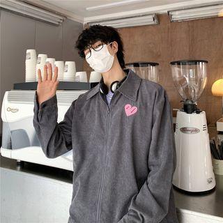Lettering Heart Embroidered Corduroy Zip Jacket