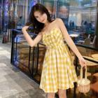Checked Lace Up Spaghetti Strap A-line Dress