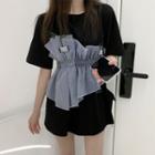 Elbow-sleeve Frill Trim Shirred T-shirt